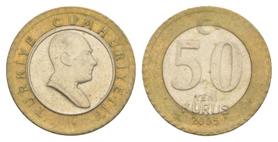 Турция 50 курушей 2005 Кемаль Ататюрк KM 1168 биметалл 4633-333