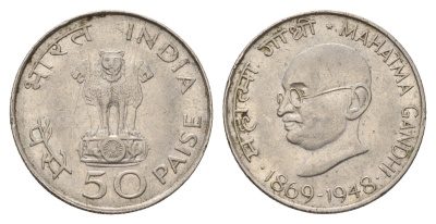 Индия 50 пайс 1969 100 лет со дня рождения Махатмы Ганди KM 59 никель 4675-1143