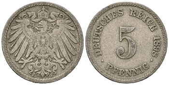 Германия 5 пфеннигов 1898 F, Вильгельм II (1888-1918) KM 11, J. 12 медно-никель 4615-731