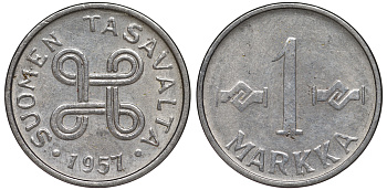 ФИНЛЯНДИЯ 1 МАРКА 1957 KM 36а железо плакированное никелем UNC 3334-1238