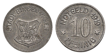 Бинген-на-Рейне 10 пфеннигов 1919 Funck 41.3, Men05 2839.1, Men18 3635.1 железо 4636-938
