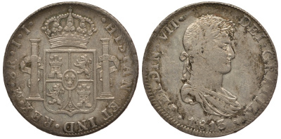 Мексика 8 реалов 1813 JJ, монетный двор Mo (Мехико Сити), Фердинанд VII Испанский (1808-1821) KM 111 серебро 00-00