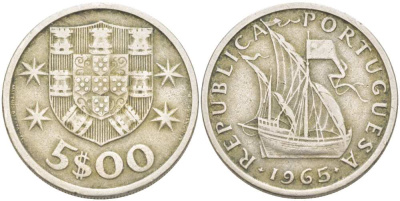 ПОРТУГАЛИЯ 5 ЭСКУДО 1965 ПАРУСНИК KM 591 медно-никель 4513-1037