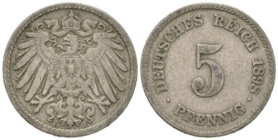 Германия 5 пфеннигов 1898 F, Вильгельм II (1888-1918) KM 11, J. 12 медно-никель 4615-731