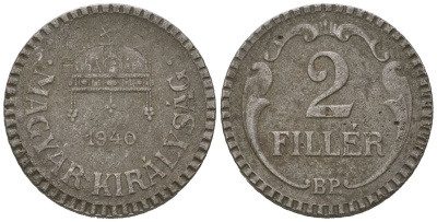 Венгрия 2 филлера 1940 BP, рифленый обод KM 518 сталь 4615-447