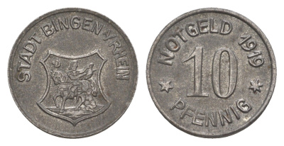 Бинген-на-Рейне 10 пфеннигов 1919 Funck 41.3, Men05 2839.1, Men18 3635.1 железо 4636-938