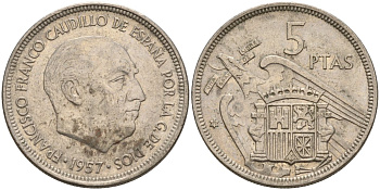 Испания 5 песет 1957 (71) Франсиско Франко (1939 - 1975) KM 786 медно-никель 4155-555