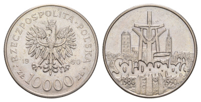 Польша 10000 злотых 1990 10 лет независимому самоуправляемому профсоюзу «Солидарность» Y 195 медно-никель UNC 4654-1033