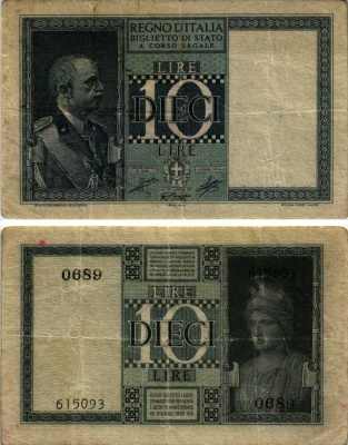 Италия 10 лир 1944 Король Виктор Эммануил III Pick 25c бумага 6312-58-3-1