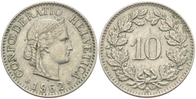 ШВЕЙЦАРИЯ 10 РАППЕНОВ 1962 В KM 27 медно-никель 55-336