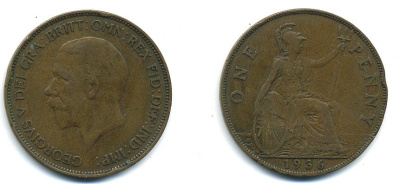 Великобритания 1 пенни 1936 Георг V (1910-1936) KM 838, Spink 4055 бронза 4110-246