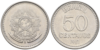 Бразилия 50 сентаво 1987 реформа 1986-1989 KM 604 нержавеющая сталь UNC 87-515