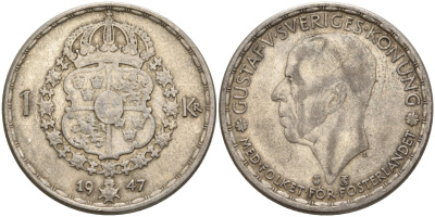 Швеция 1 крона 1947 TS, Густав V (1907-1950) KM 814 серебро 4148-1044
