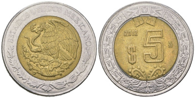 Мексика 5 песо 2012 KM 605 биметалл aUNC 4620-541