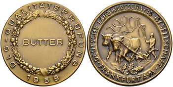 Германия, Франкфурт на Майне медаль 1958 СЕЛЬСКОХОЗЯЙСТВЕННОГО ОБЩЕСТВА Франкфурта, БРОНЗОВЫЙ ПРИЗ КОНТРОЛЯ КАЧЕСТВА ЗА СЛИВОЧНОЕ МАСЛО, диаметр 39,5 мм., DLG жёлтый металл 00-00