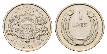 Латвия 1 лат 2010 Подкова, концами, направленными вверх KM 117 медно-никель UNC 4679-354