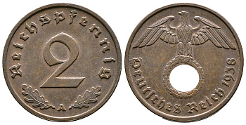 Германия 2 рейхспфеннига 1938 A KM 90, J. 362 бронза 176-542