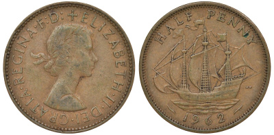Великобритания 1/2 пенни 1962 Елизавета II (1952-2022) KM 896, Spink 4158 бронза 72-221