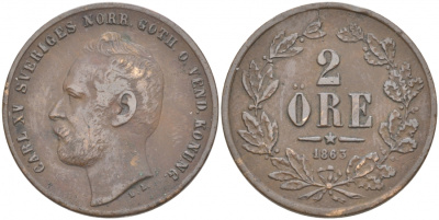 Швеция 2 эре 1863 Карл XV (1859-1872) KM 706 (491) бронза 186-231