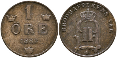Швеция 1 эре 1886 Оскар II (1872-1907) король Швеции и Норвегии KM 750 бронза 4609-517