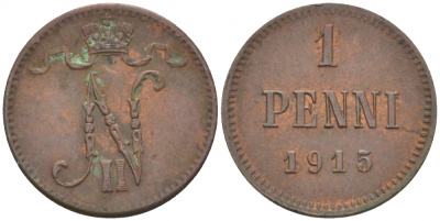 РОССИЯ ДЛЯ ФИНЛЯНДИИ 1 ПЕННИ 1915 НИКОЛАЙ II KM 13, Биткин 475 медь 261-1122