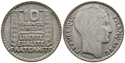 Франция 10 франков 1932 Пьер Тюрен KM 878, Le Franc 360.5 серебро 79-1541