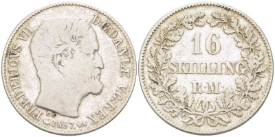 Дания 16 скиллингов 1857 Фредерик VII (1848-1863), монетный двор Копенгаген KM 765 (С137) серебро    4514-555