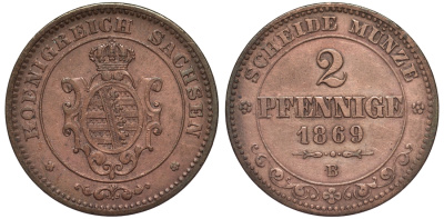 Саксония 2 пфеннига 1869 В, Иоганн (1854-1873) KM 1217, Jaeger 121, AKS 155 медь 75-814