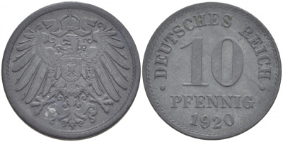 ГЕРМАНИЯ 10 ПФЕННИГОВ 1920 KM 26, J. 299 цинк 3996-626