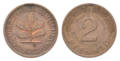 ФРГ 2 пфеннига 1972 D KM 106a, J. 381a сталь плакированная медью 4669-1241