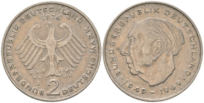 ФРГ 2 марки 1974 D, Теодор Хойс, 20 лет Федеративной Республике KM A127 медно-никель 4565-524