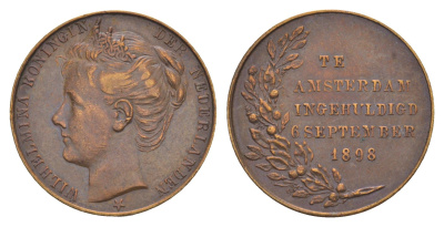 Нидерланды медаль "Коронация Вильгельмины " 1898 Коронация Вильгельмины 6 сентября 1898 года на престол Нидерландов, диаметр 23,8 мм, вес 7,14 гр медь 4044-912