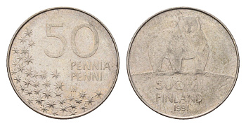 Финляндия 50 пенни 1991 M, полярный медведь KM 66 медно-никель 4702-443