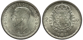 Швеция 2 кроны 1950 TS, Густав V (1907-1950) KM 815 серебро 221-622