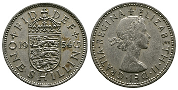 Великобритания 1 шиллинг 1954 Елизавета II (1952-2022), Английский герб KM 904, Spink 4147 медно-никель 4384-246