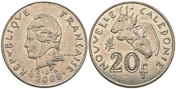 Французская Новая Каледония 20 франков 2008 три быка, (IEOM) KM 12a, Schoen 14a, Lec 115j медно-никель 81-1224