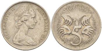 АВСТРАЛИЯ 5 ЦЕНТОВ 1967 ЕЛИЗАВЕТА II, МОЛОДОЙ ПОРТРЕТ, ЕХИДНА KM 64 медно-никель 4385-647