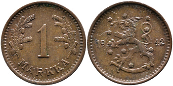 ФИНЛЯНДИЯ 1 МАРКА 1942 S KM 30а медь 4388-923