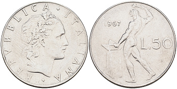 Италия 50 лир 1967 R, бог огня Вулкан у наковальни KM 95.1 нержавеющая сталь 4595-232