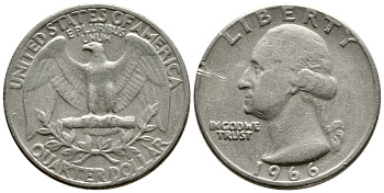 США 25 центов (квотер) 1966 Вашингтон KM 164а медь плакированная медно-никелем 57-417