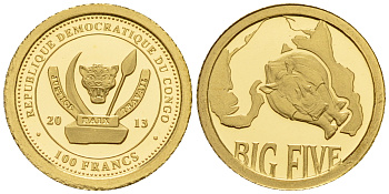 Конго 100 франков 2013 серия большая пятерка, носорог золото PROOF 00-804-16
