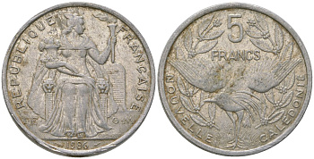 Французская Новая Каледония 5 франков 1986 птица кагу, (IEOM) KM 16, Schoen 12, Lec 76 алюминий 180-613