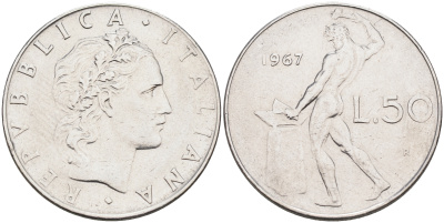 Италия 50 лир 1967 R, бог огня Вулкан у наковальни KM 95.1 нержавеющая сталь 4595-232