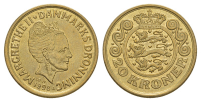 Дания 20 крон 1998 Маргрете II (1972-2024) KM 878 алюминиевая бронза UNC 4657-1232
