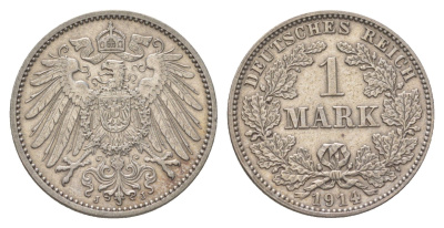 Германия 1 марка 1914 J, Вильгельм II (1888-1918) KM 14, J. 17 серебро 4626-242