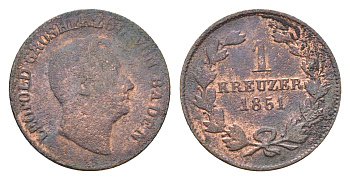 Баден 1 крейцер 1851 Леопольд (1830-1852) KM 218, J 44, AKS 107 медь 4164-222