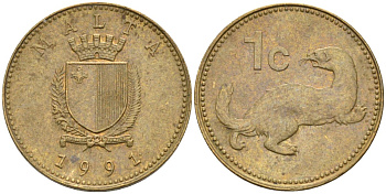 Мальта 1 цент 1991 ласка, горностай KM 93 никель латунь 4585-1158