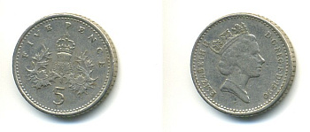 Великобритания 5 пенсов 1990 Елизавета II (1952-2022) KM 937b, Spink 4372 (D4) медно-никель 80-915