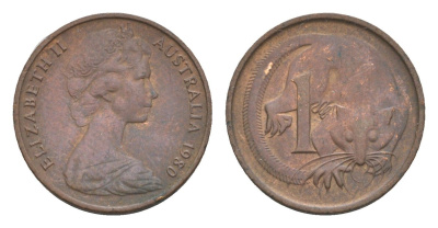 Австралия 1 цент 1980 Елизавета II (1952-2022), молодой портрет, опоссум KM 62 бронза 4655-1218