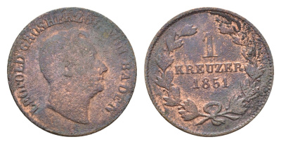 Баден 1 крейцер 1851 Леопольд (1830-1852) KM 218, J 44, AKS 107 медь 4164-222